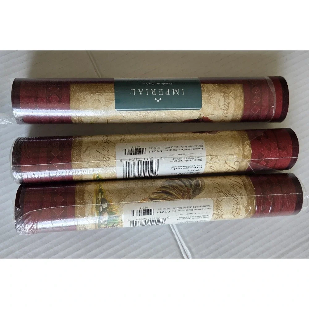 Tuscan Brick Red Rooster Hen Chicken Frame Beige Script Wallpaper Border Lot 3